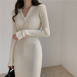 Party Dresses Vintage Knitted Sweater Long Sleeve Women Slim Bodycon Korean Elegant Fall Winter Button V Neck Midi Woman Dress 221113