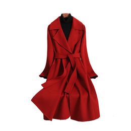 Women's Wool Blends Double-Sided Cashmere Jacket Women Long Autumn Winter Korean Lace Up Overcoat High-End Slim en Coat Female H1891 221114