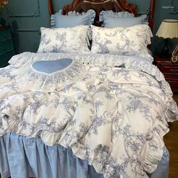 Bedding Sets Chic Blue White Romantic Shabby Ruffle Lace Duvet Cover Set 4/7pcs Cotton Ultra Soft Bedskirt Pillowcases