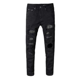 Men's Jeans Sokotoo Men's slim skinny crystal rhinestone patchwork ripped jeans Fashion patch black stretch denim pants T221102