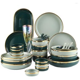 Bowls Nordic-Style Light Luxury Bowl And Dish Set Household Emerald Gold Rimmed Tableware Housewarming Gift Box Plate