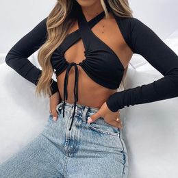 Women's Tanks Hirigin 2022 Sexy Women Knitted Cropped Tops Drawstring Low-cut Halter Camis Long Sleeve Covers Ribbed Stretch Streetwear