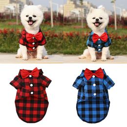 Dog Apparel Plaid Shirt Suit Pretty Bow Tie Shirts Gentleman Style T-shirt Polyester Comfortable Pet Vest Breathable Clothes