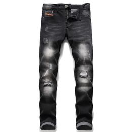 Mens Jeans European Italy Famous Brand Navy Pants Slim Zipper Straight Gentleman Black Hole for 221113