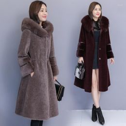 Women's Fur 2022 Coat Female Natural Sheep Shearing Overcoat With Genuine Collar Hooded Long Wool Winter Jacket Women W1100