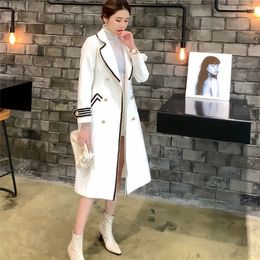 Women's Wool Blends Women White V-neck Mid-Length Woollen Coat Autumn Winter Female British Hepburn Style Slim Black Double-Breasted Jacket 221114