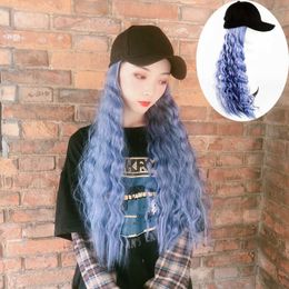 Women's Hair Wigs Lace Synthetic Female Haze Wool Hat Wig Integrated Non Detachable Wavy Long Grey Blue Curl