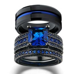 Charm Couple Rings Romantic Blue Rhinestones Women Rings Set Trendy Men's Stainless Steel Ring Fashion Jewellery For Lover Gifts