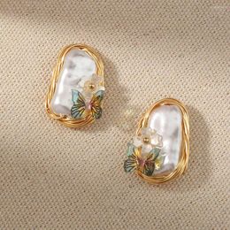 Stud Earrings 925gifts White Freshwater Baroque Pearl Imitation Hand-Wound Trendy Design Butterfly Flower Women