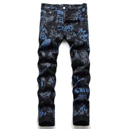 Men's Jeans Men Black Digital Print Jeans Fashion Letters Painted Tie Dye Stretch Denim Pants Slim Skinny Tapered Trousers T221102