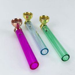 Colourful Pipes Thick Glass Portable Design Metal Spoon Silver Screen Philtre Dry Herb Tobacco Bowl Bong Handpipe Removable Oil Rigs Smoking Cigarette Holder