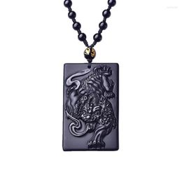 Pendant Necklaces Men Women Beautiful Handwork Natural Black Obsidian Carved Chinese PiXiu Tiger Lucky With Beads Necklace Jewellery