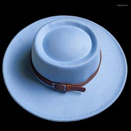 Berets Light Blue Fedora Bump Flat Top 27 Colours Men Women Panama Hat Belt Big Brim Party