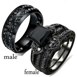 Fashion Couple Rings Women Black Heart Crystal CZ Rings Set Men's Two Rows Black CZ Stone Stainless Steel Ring Wedding Jewellery