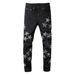 Jeans Men Men's Paisley Bandanna Stars Patch Jeans Streetwear Printed Patchwork Holes Ripped Stretch Denim Pants Black Slim Skinny Trousers T221102