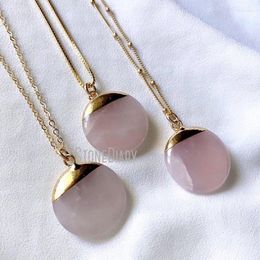 Collares colgantes nm36595 cuarzo rosa moneda rosa cristal medall￳n de oro cadena de sat￩lite relleno de sat￩lite gemstone coleta de colecci￳n