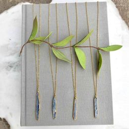Pendant Necklaces NM36631 14k Gold Fill Long Blue Kyanite Boho Freeform Skinny Stick Slice Minimalist Vertical Bar Necklace