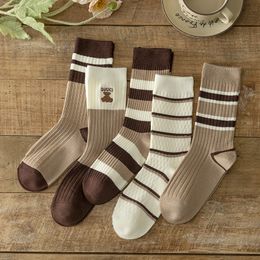Spring and summer socks children simple coffee stripe embroidery versatile breathable double needle sport