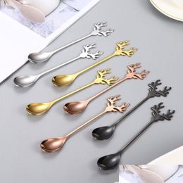 Coffee Scoops Deer Head Shape Coffee Scoops 304 Stainless Steel Stirring Spoons Romantic Christmas Elk Dessert Spoon Exquisite Table Dhkrk