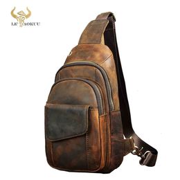 Evening Bags Men Crazy Horse Leather Casual Fashion Chest Sling 8" Tablet Design Triangle One Shoulder CrossBody Male 8013 221114