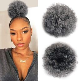 Ombre Darker Grey Kinky Curly Afro Puff Drawstring Ponytail Short human 4c gray Bun Extensions Updo Hairpieces for Black Women 100g