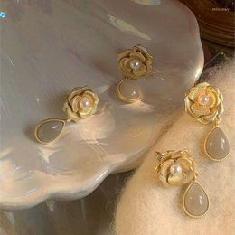 Dangle Earrings Fashion Korean Style Women Girls Vintage Camellia Opal Elegant Warterdrop Earring Jewellery Ear Rings For Lady