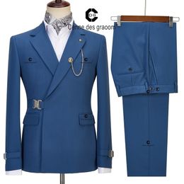 Men's Suits Blazers Cenne Des Graoom Men Blue Jacket Trousers 2 Pieces Set Metal Side Release Buckle Elegant Wedding Evening Dress 221114