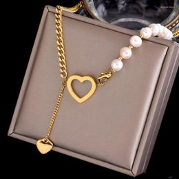 Chains 316L Stainless Steel Heart Pearl Pendant Splicing Thick Chain Choker Necklaces For Women Fashion Fine Jewellery Party Gifts SAN900