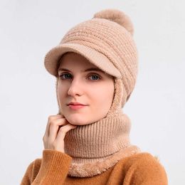 Beanie/Skull Caps Winter Women 2-In-1 Fleece Collar Scarf Hats One-piece Warm Ear Knitted Hat Fashion Christmas Female Fur Pom Poms Hat Bonnet New T221020