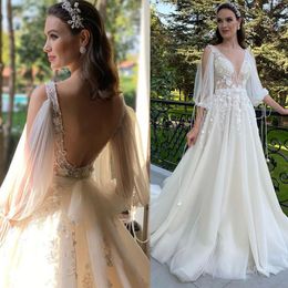 Boho Wedding Dress 2022 V-Neck Long Sleeves Appliques Lace 3D Flowers Bohemian Wedding Gown Backless
