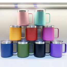 14oz Stainless Steel Mugs Milk Cup Double Wall Vacuum Insulated Metal Wine Glass with Handles Lids Coffee Tumblers Wholesale AA