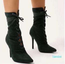 Ankle Boots High Heels Winter Shoes New Fashion For Women Velvet Lace Up Winter Footwear Pointed Toes Plus Size