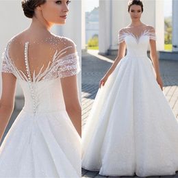 Short Sleeve Romantic Wedding Dress Sequin Tulle Beaded Illusion Bateau Neck Bridal Gowns 2022 Custom Made