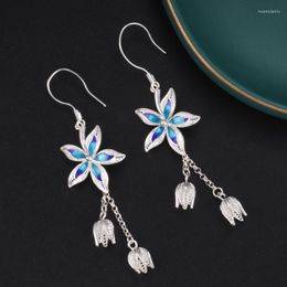 Dangle Earrings 925 Sterling Silver Blue Flower Long Tassel For Women Ethnic Simple Enamel Bud Hanging Jewellery EH170