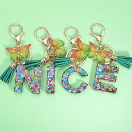 Keychains A To Z Heart Sequins Filled Letter Keychain With Green Tassel Fashion Women Purse Charms 26 Initials Butterfly Pendant Keyring
