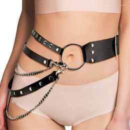 Belts Gothic Punk Waist Belt Chain Metal Circle Ring Design Silver Pin Buckle Leather Black Waistband Jeans For Cool Girl