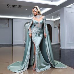 Saudi Arabic Evening Dress High Neck Long Sleeve Appliques Luxury Dubai Prom Dress Slit Satin Evening Party Gowns wly935