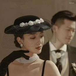 Headpieces Vintage Wedding Hats For Guests Black Ribbon Hepburn Style Top Ceremony Hat Elegant Women Accessories Bridal Headwear