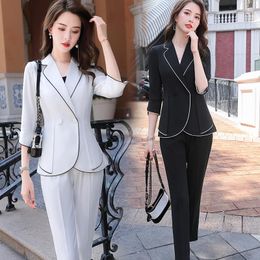 Women's Two Piece Pants 2022 Black White Fashion Female Elegant Women's Suit Set Blazer And Trouser Pant Business Uniform Clothing Lady