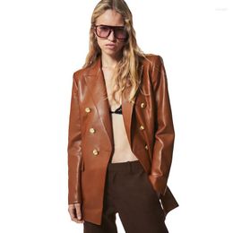 Women's Leather Black Brown Jacket Faux Shiny Pu Lapel Long Sleeve Double-breasted Simple Loose Female Coat Fashion 2022 Spring N1111