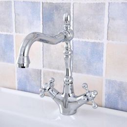 Kitchen Faucets Polished Chrome Brass Bathroom Basin Sink Faucet Mixer Tap Swivel Spout Dual Cross Handles One Hole Deck Mounted Msf658