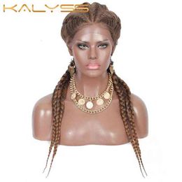 Kalyss 26" Box Braided Wigs Synthetic Lace Front With Baby Hair Double Dutch Braid For Women Cornrow Braids 220121