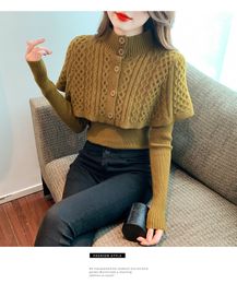 Women's turtleneck knitted poncho cape and sweater shirt 2 pieces top