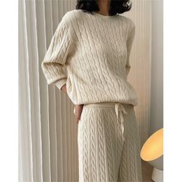 Womens Two Piece Pants Autumn and Winter Soft Cable Sweater Loose Casual Slimming Comfortable Knitted Top Trousers Full Set Home Clothes 221115