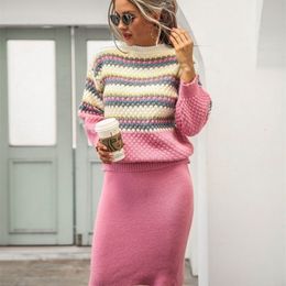 Two Piece Dress Winter Set Womens Lantern Sleeve Striped Knitted PulloversMidi Skirts Sweater Suits for Ladies Autumn Knit Outfits 221115