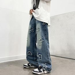 Men's Jeans European American Fashion Personality Letter Stick Cloth Street Loose Straight Leg Wide Pants Cotton Hip Hop Clothing