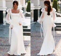 Elegant Satin Mermaid Wedding Dress Long Puff Sleeve Sexy Beach Square Collar Bridal Gowns Custom Made Summer Vestidos de Novia