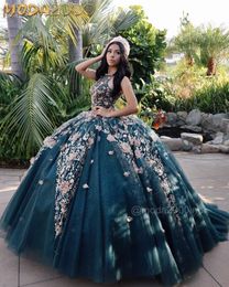 Hunter Green 3D Flower Quinceanera Dresses With Wrap Lace-up Back Sweet 16 Dress Jewel Neck Beaded Ball Gown Party Gowns wly935