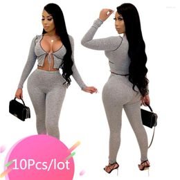 Women's Two Piece Pants Bulk Items Wholesale Lots Sets Long Sleeve Lace Up Bodycon Matching Set Women Fall Sexy Night Club Streetwear 2022