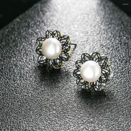 Orecchini per borchie Neoglory Black Flower Pearl for Women Cubic Zircone e Sopra la ragazza regalo di gioielli loto